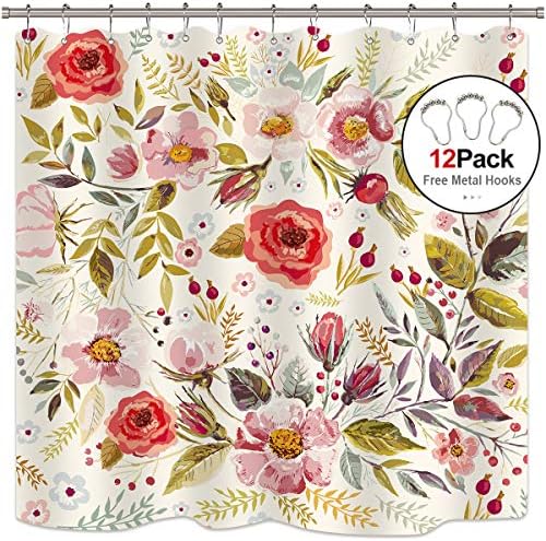 Riyidecor Pink Floral Shower Curtain Spring Rustic Rose Blossom Flower Girls Peony 12 Pack Metal Hooks Polyester Waterproof Fabric 72" W x 72" H