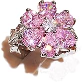 925 Sterling Silver Shiny Full Diamond Ring 18K Gold Cocktail Ring Teardrop Pink Cubic Zirconia Promise Ring CZ Diamond Multi Row Ring Eternity Engagement Wedding Band Ring for Women Z.62 (US Code 7)