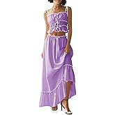 Wenrine Women's Summer 2 Piece Skirt Sets Casual Spaghetti Straps Cropped Cami Ruffle Maxi Skirt Flowy Beach Outfit