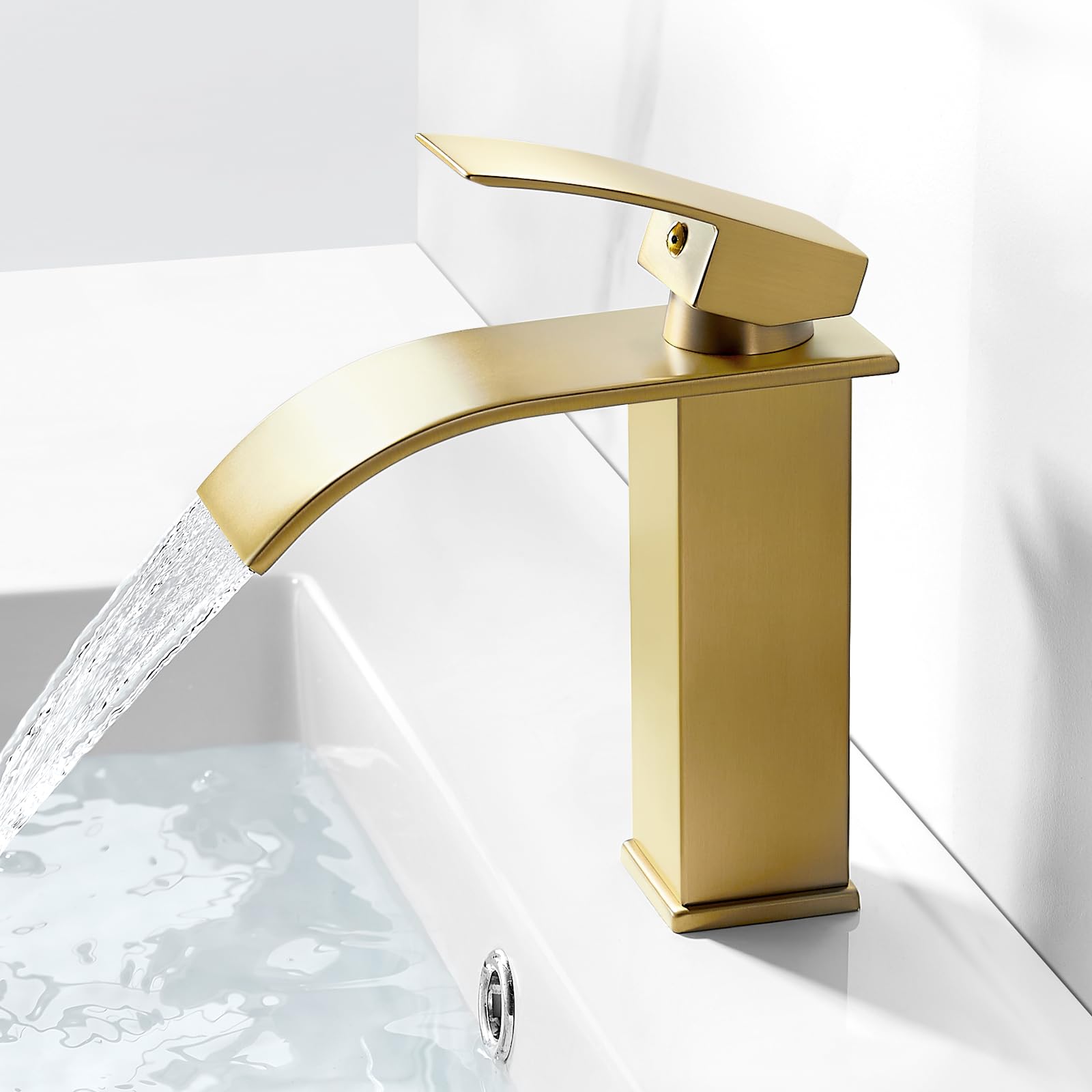 Basin Tap Mixers Brushed Brass Bathroom Sink Tap Waterfall Gold Cloakroom Faucet, Monoblock Washroom Tap with G1/2 Hoses, Square Bathroom Mixer Sink Faucet Single Lever