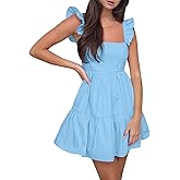 AIMCOO Women's Ruffle Sleeve Summer Sundress Cute Tiered Mini Babydoll Dress A-Line Flowy Short Swing Dresses with Pockets