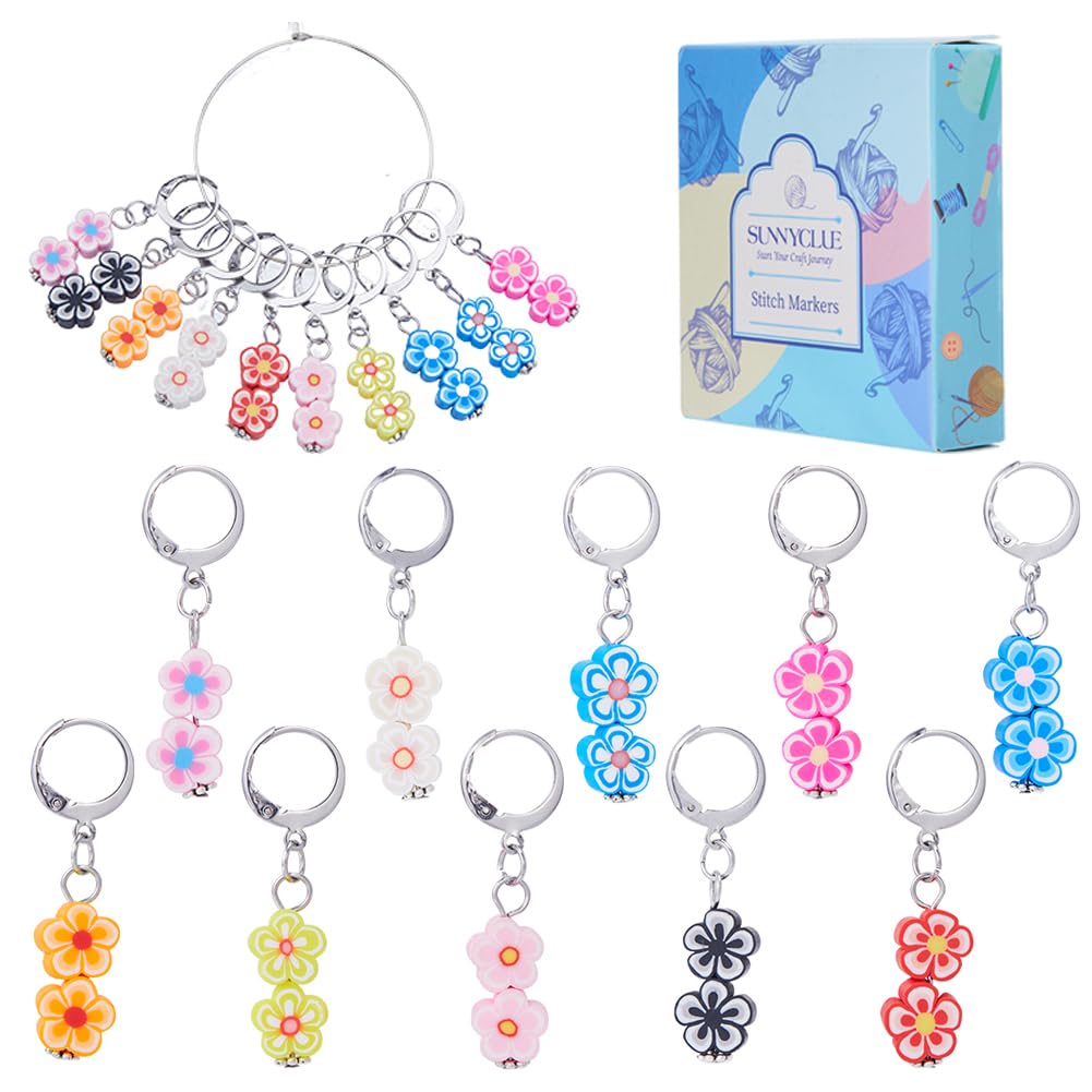 SUNNYCLUE 1 Box 20Pcs Knitting Stitch Markers Polymer Clay Flower Beads Cute Charms Removable Locking Crochet Marker Clip on Crocheting Charms for Sewing Weaving Knitting Yarns DIY Women Supplies