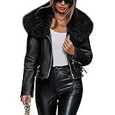 Bellivera Women's Faux Leather Jacket Moto Biker Sherpa-Lined Coat with Removable Fur Collar