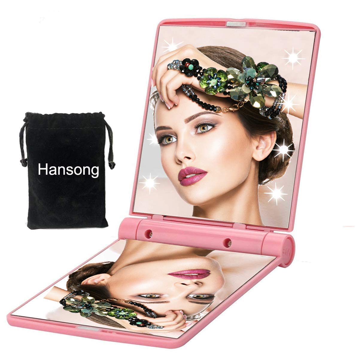 Mini Makeup Mirror- Hansong Pocket Sized Mirror with Light,Portable Folding Cosmetic Mirror, Folding Pocket Compact Mirror for Travel or Outside