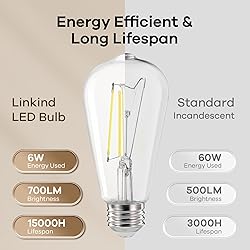 Linkind Edison Light Bulbs Dimmable, 60W Equivalent