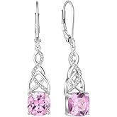 Lwsary Infinity Celtic Knot Dangle Drop Earrings 925 Sterling Silver Princess Cut Leverback Earrings with Birthstone Irish Jewelry Gifts for Women
