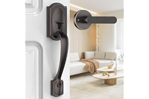 Calzibeno Front Door Handle No Lock, Entry Door Handle Exterior with Interior Reversible Handle Lever, Lower Half Grip, Single Cylinder, Door Handle Sets for Right Left Handed Door, Oil Rubbed Bronze