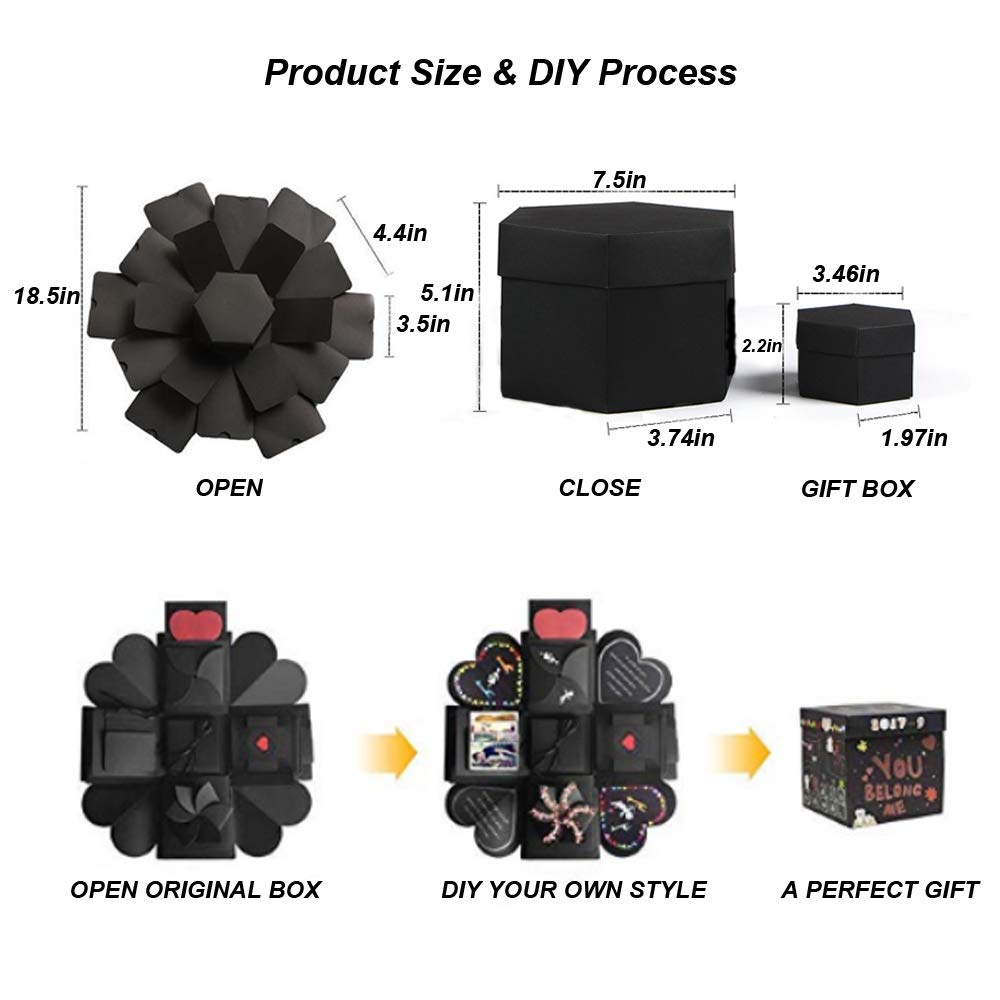 Creative Explosion Box DIY Gift - Scrapbooking for Wedding Engagement Anniversary Graduation Birthday, Upgraded 6-Sides Handmade Photo Album with Love Memory (Black）