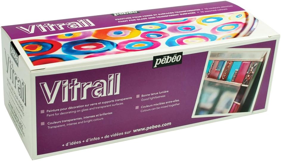 PEBEO 90000 45 ml Vitrail Stained Glass Effect Glass Paint Set Cardboard, Box of 10, Assorted Colours , White