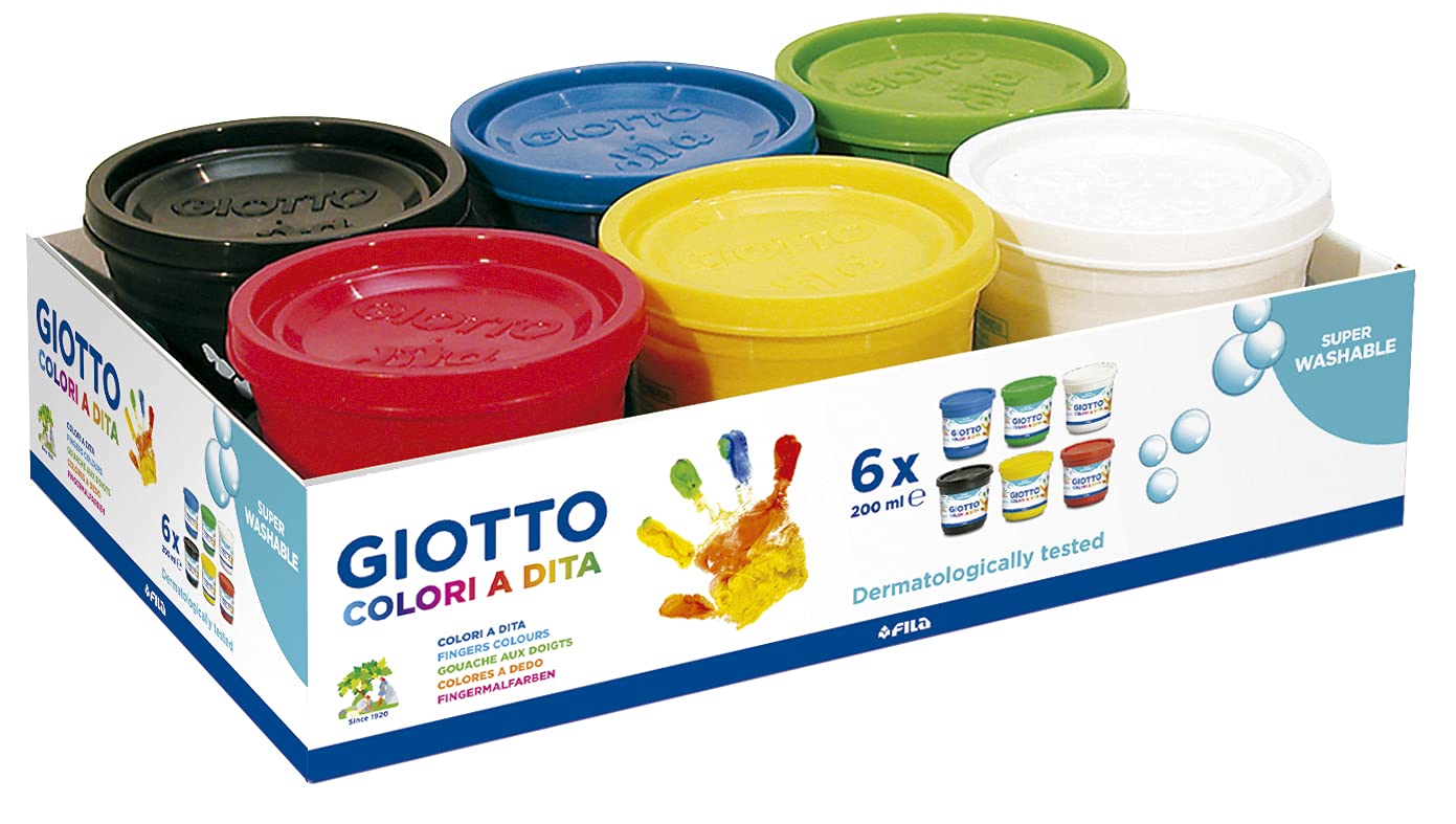 GIOTTO Dita Super Washable Finger Paint, 6 x 200ml Pots, Primary Colours, For Children, Parties and Schools
