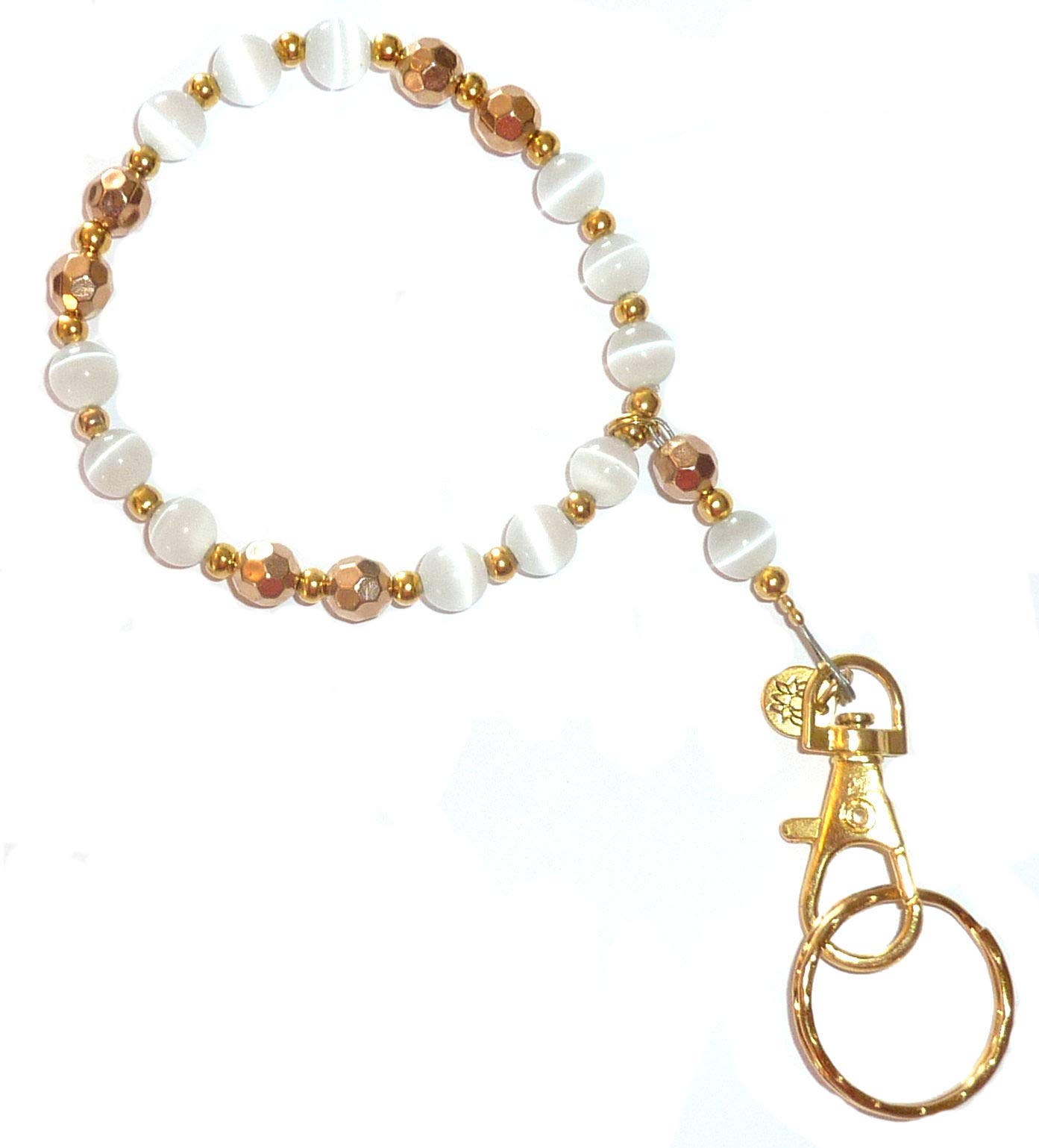 Hidden Hollow Beads Wrist Lanyard, Beaded Women's Wristlet, Bracelet, Jewelry, Keys, Phone, ID Badge, Lightweight, Strong, Gold & White, Wrist Lanyard