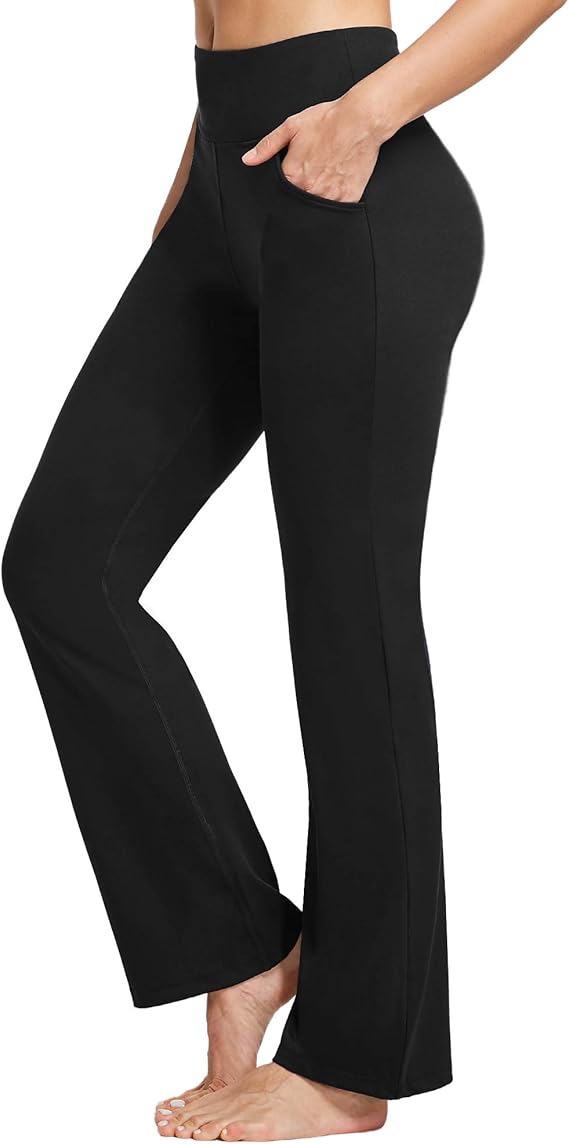 Ogeenier Power Flex Bootcut Cotton Yoga Pants with Inner Pockets High