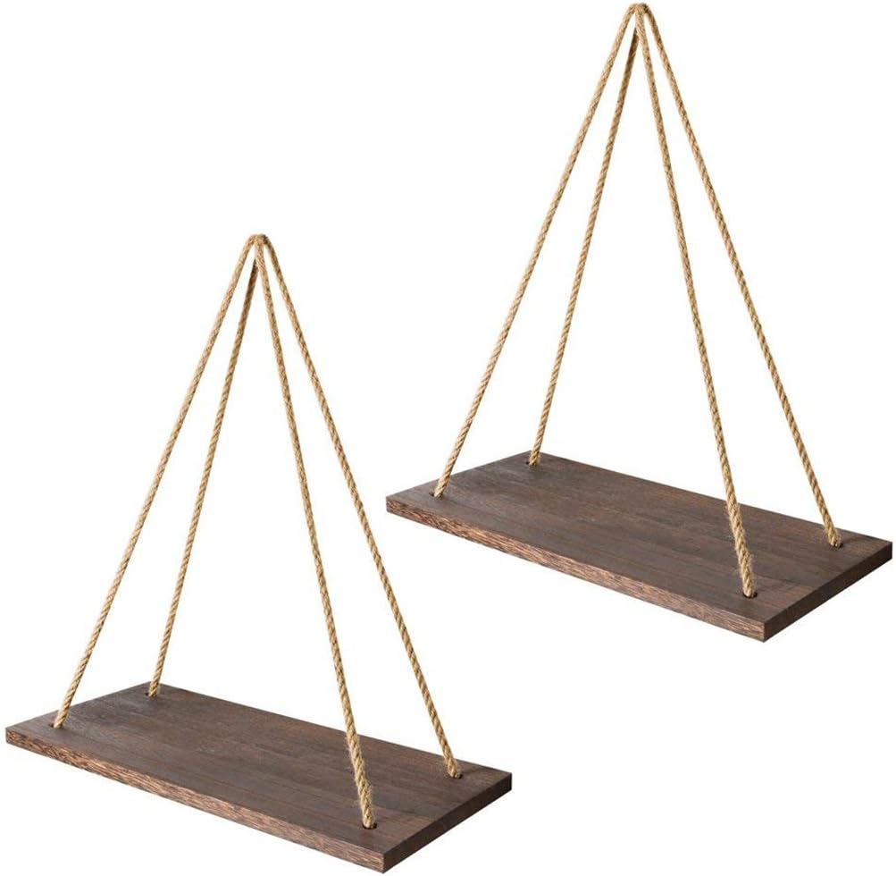 CNSE Wall Wood Floating Shelves Hanging Swing With Jute Rope Rustic Home decor, Set of 2