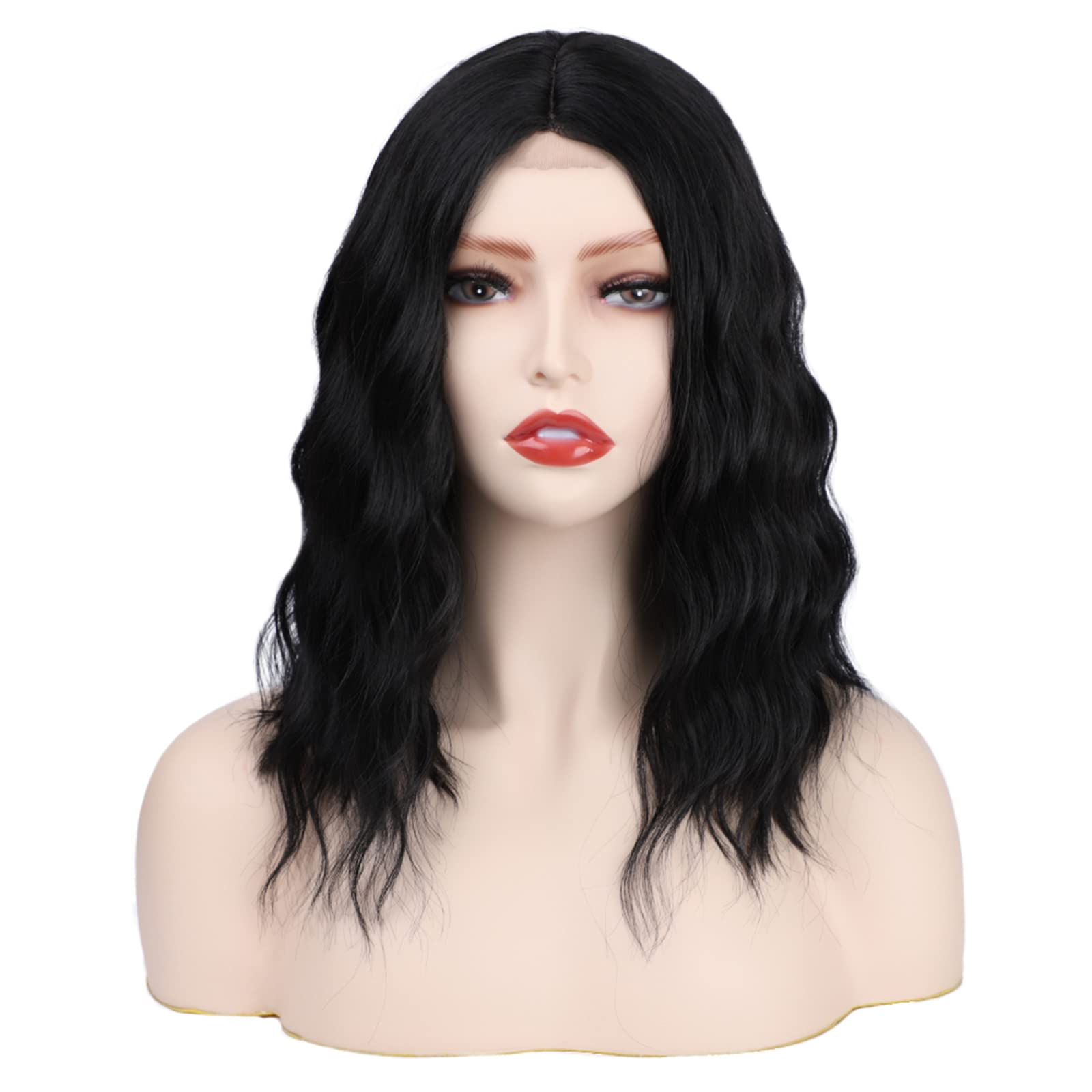 Luovce Synthetic Wigs For Women Shoulder Length Short Wavy 14 inches Small-Part-Lace Front Wigs Black Color #1B