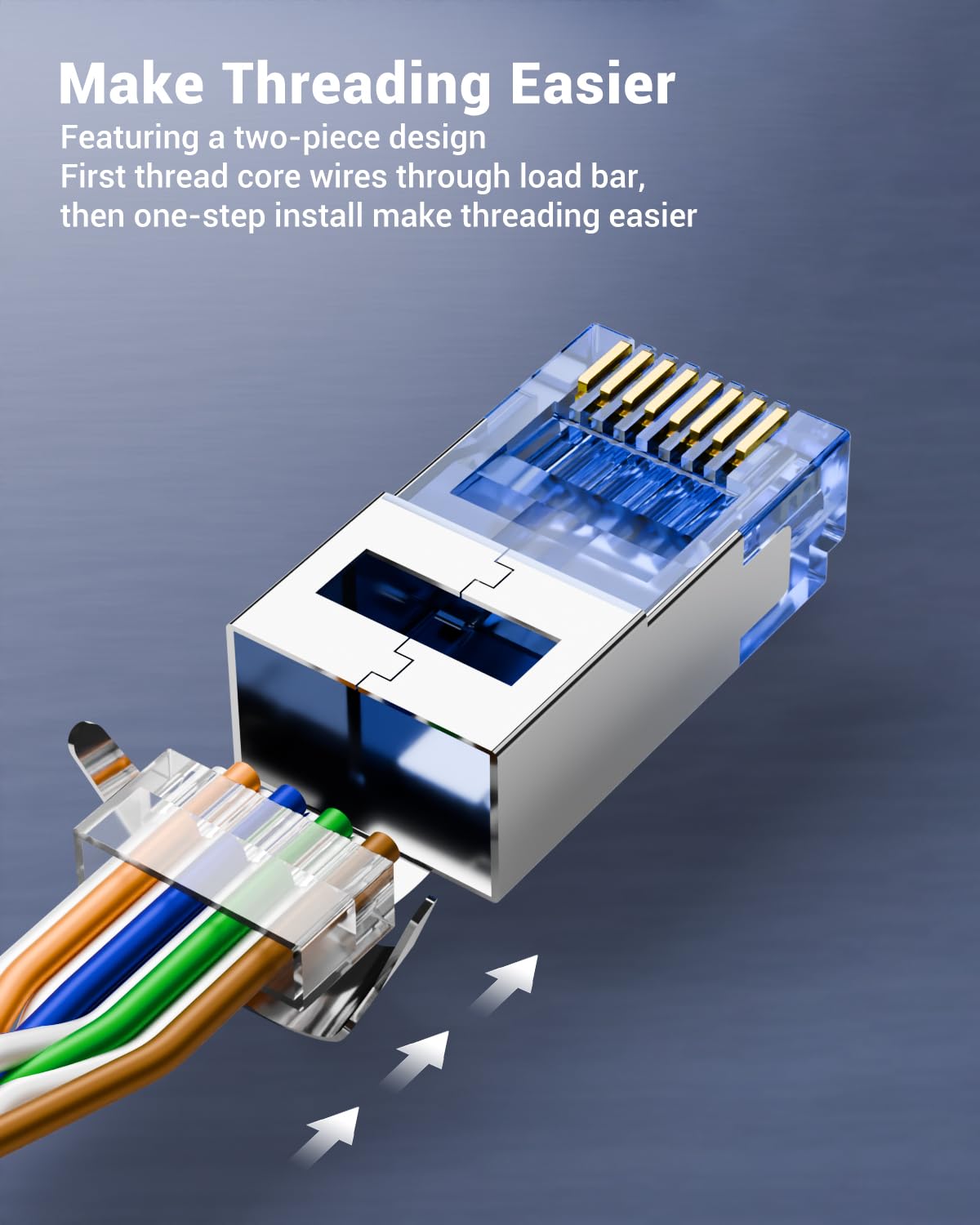 VCELINK Cat6A RJ45 Connector Shielded Non-Pass Through 25-Pack, Gold-Plated Modular Plug RJ45 Ends for Cat7/Cat6A STP/FTP Cable Solid and Stranded Ethernet Wire，Blue (RJ45 Connectors, 25 Pack)