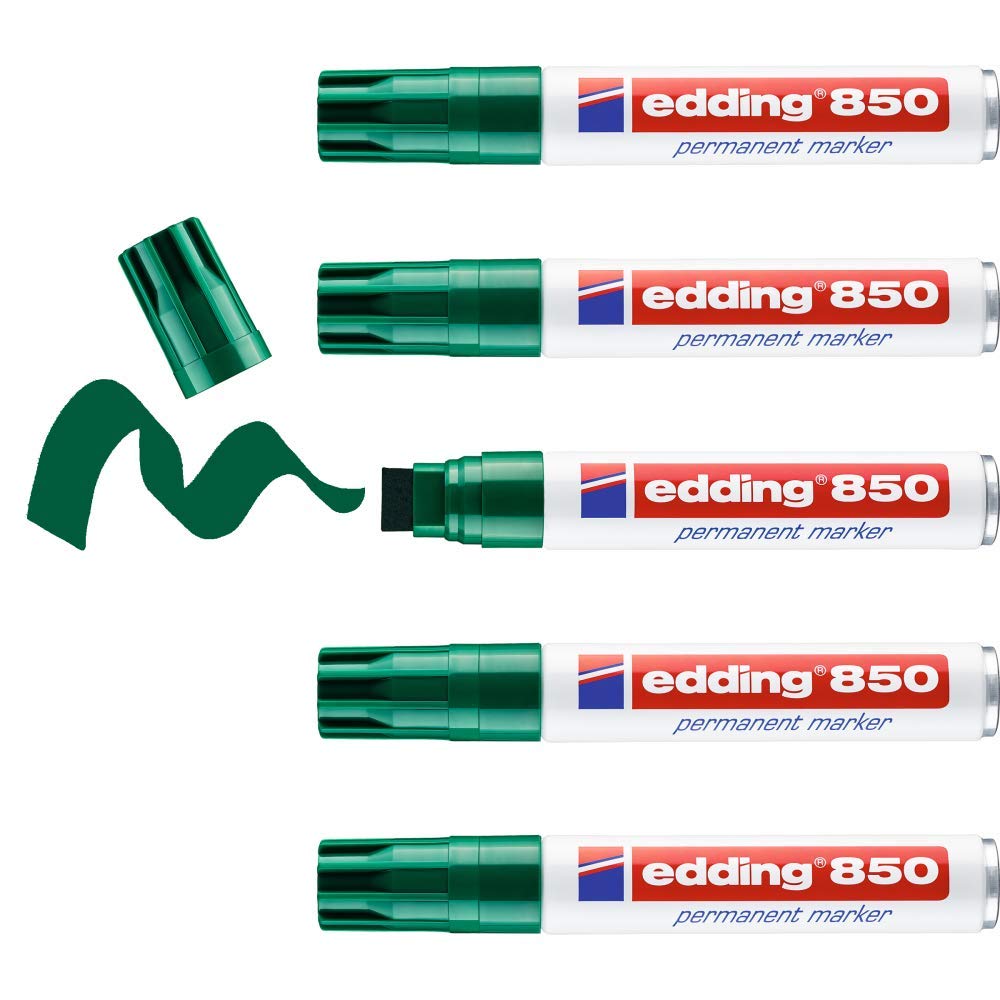 edding 850 permanent marker - green - 5 pens - chisel tip 5-15 mm - for bold markings -waterproof, quick-drying, smear-proof pens - for cardboard, plastic, glass, wood, metal and fabric