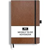 RICCO BELLO Undated Weekly Planner To Do Notebook | Faux Leather Hardcover, for Work, School, Home with Pen Holder, Bookmark, Band Closure, Storage Pocket, 5.7 x 8.4 Inches (Brown)