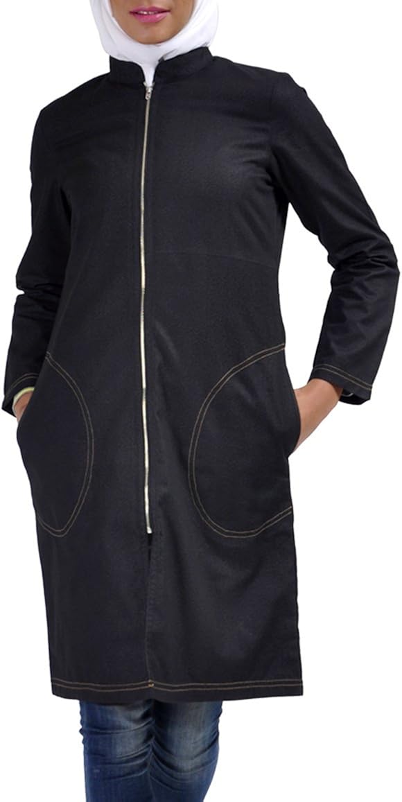 East Essence Black Modest Knee Length Denim Jacket Amazon.co.uk Clothing