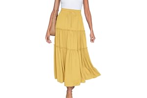 BORNIU Women's Boho Long Skirts Summer Elastic High Waist A-Line Pleated Flowy Ruffle Hem Swing Beach Holiday Maxi Skirt