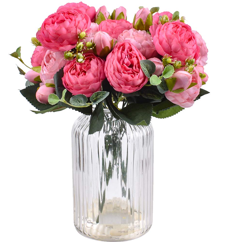 XONOR 4 Bouquets Artificial Peony Silk Flowers Fake Glorious Flower for Wedding Party Bridal Home Decoration, 5 Forks, 9 Head (Rose Red & Pink)