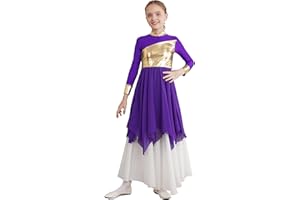 JEATHA Kids Girls Long Sleeve Shiny Metallic Praise Asymmetrical Tunic Dress Lyrical Contemporary Dance Costume