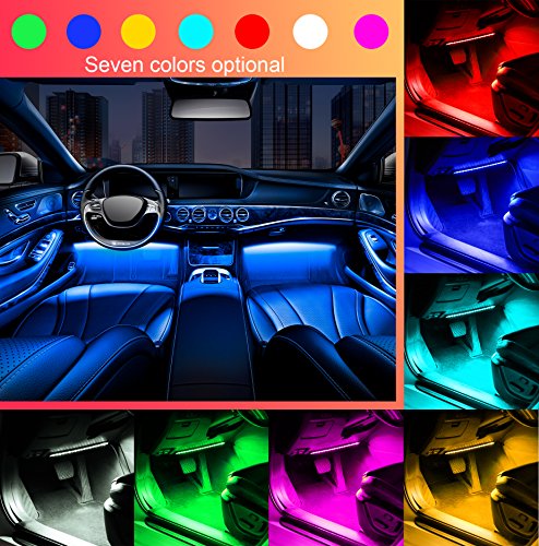 MINGER One-Line Car Interior Lights, 4pcs 48 LED RGB Multicolor Music Car LED Strip Light, Waterproof Underdash Lighting Kits with Sound Active Function and Simple Control, 12V Car Charger Included