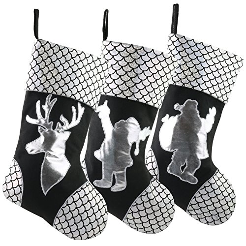 WEWILL 18 '' Silver Traditional Classic Christmas Stockings Set of 3, Classic Decoration for Home Santa, Snowman, Reindeer