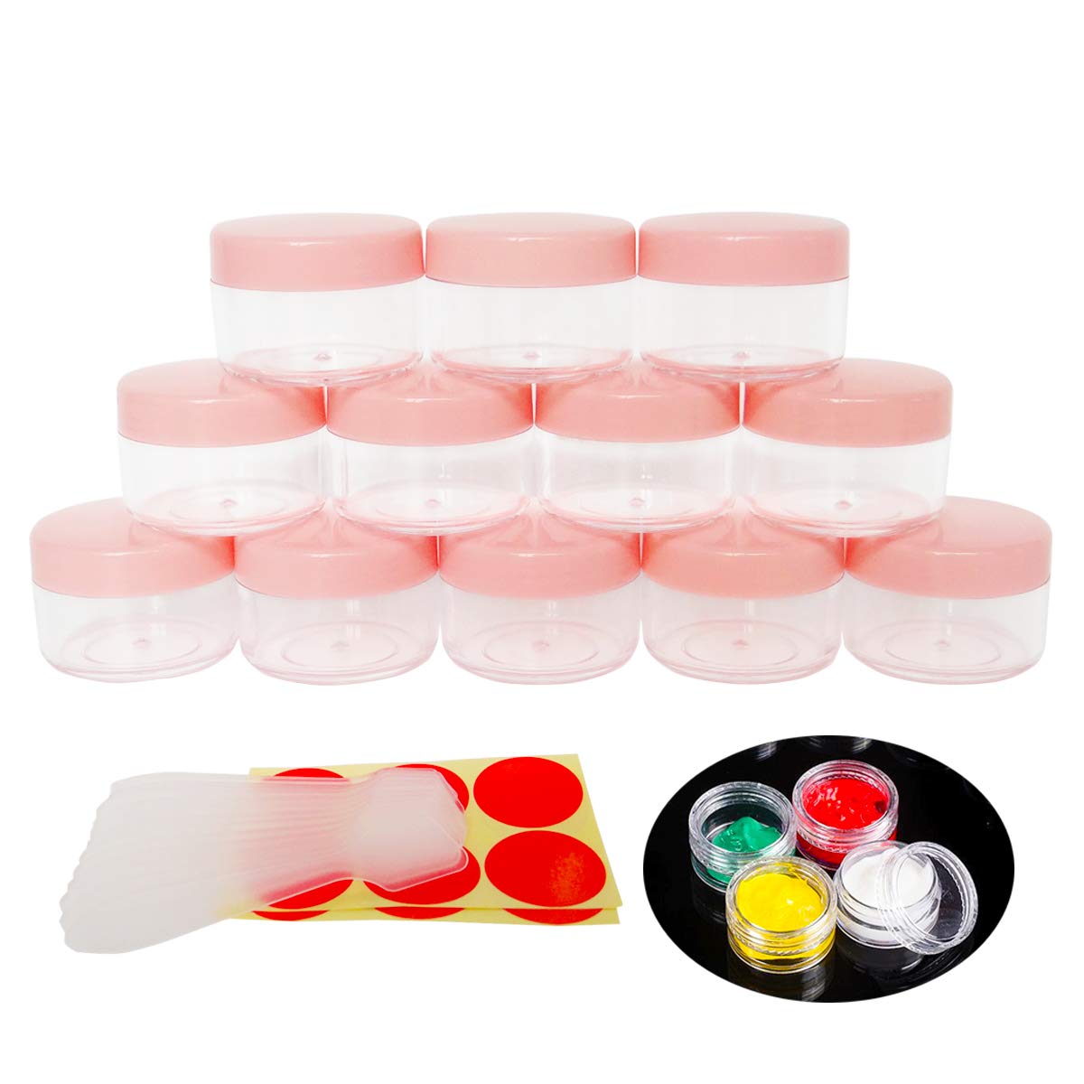 Wopanxye 12pack 15 Gram 15ml Jars, Small Cosmetic Sample Empty Container, Plastic Round Pot Pink Screw Cap Lid, Tiny 15g Bottle for Makeup, Eye Shadow, Nails, Powder, Jewelry, Free 12pcs Spatulas
