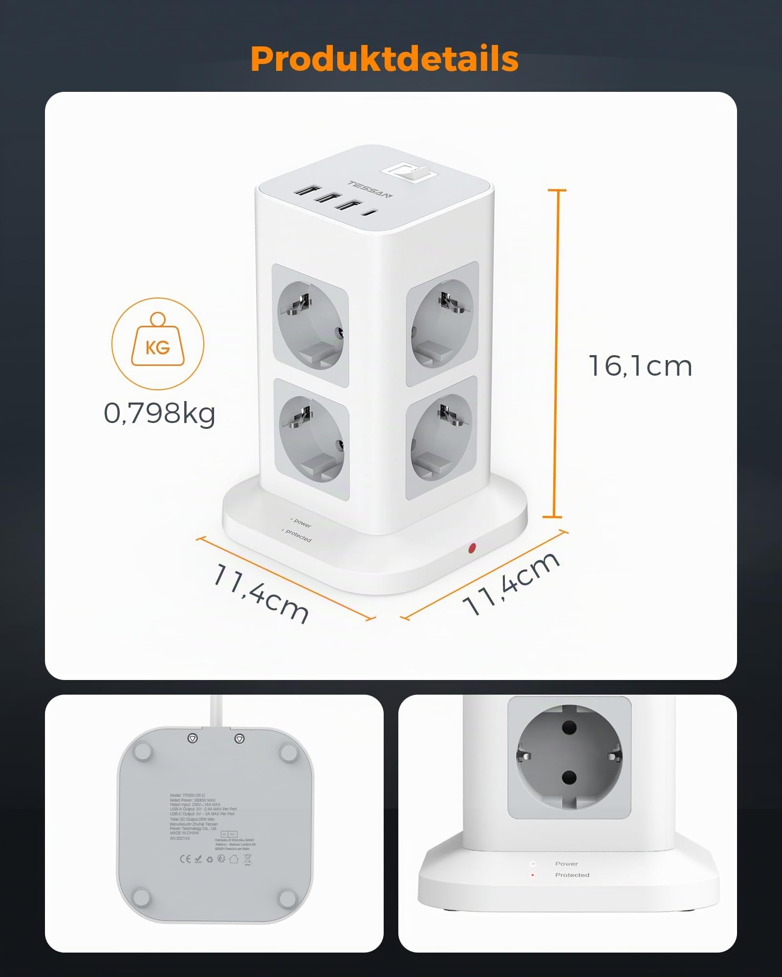 TESSAN 8 Fach Mehrfachsteckdose mit USB C, Verlängerungskabel 5M mit 4 USB und Steckdosenleiste Überspannungsschutz, 3600W Steckdosenturm mit Schalter, Steckdosenwürfel für Büro, Grau 7