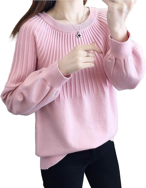 Amazon ゆったり セーター レディース ニット トップス ソフト 長袖 シンプル リブニット プルオーバー ボリューム 切り替え 可愛い 体型カバー 秋 冬 インナー ピンク セーター 通販