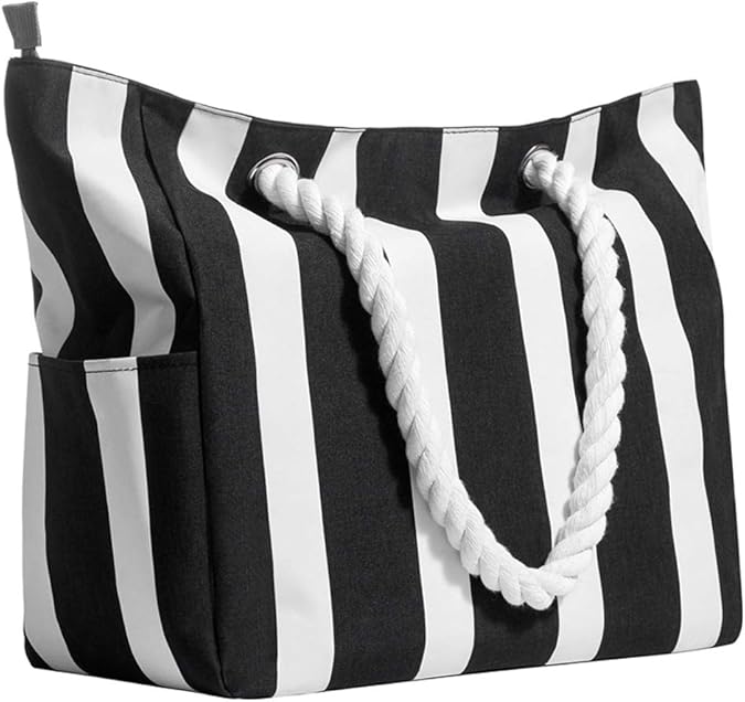 Waterproof Large Travel Bag Zipper Closure Stripe Beach Bag With Pocket and Soft Cotton Rope