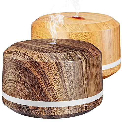 2 Pack 450ml Essential Oil Diffuser, BAXIA TECHNOLOGY Aromatherapy Diffusers for Essential Oils Ultrasonic Humidifiers with Timer, 17 LED Color Lights, Waterless Auto Shut-off (Dark/Light Wood Grain)