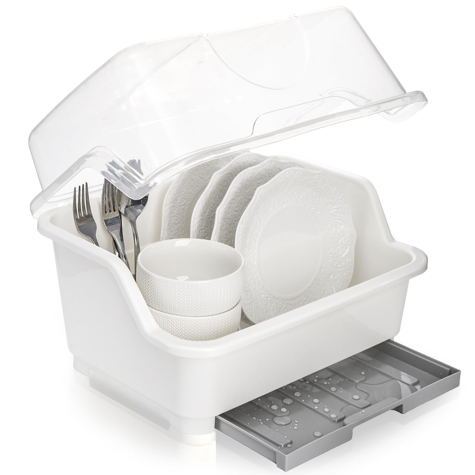 Photo 1 of Acshio Dish Drying Rack, Plastic Plate Cup Dryer Holder with Lid Removable Drainboard, Cutlery Utensil Dish Nursing Bottle Organizer for Tableware, Kitchen Cabinet