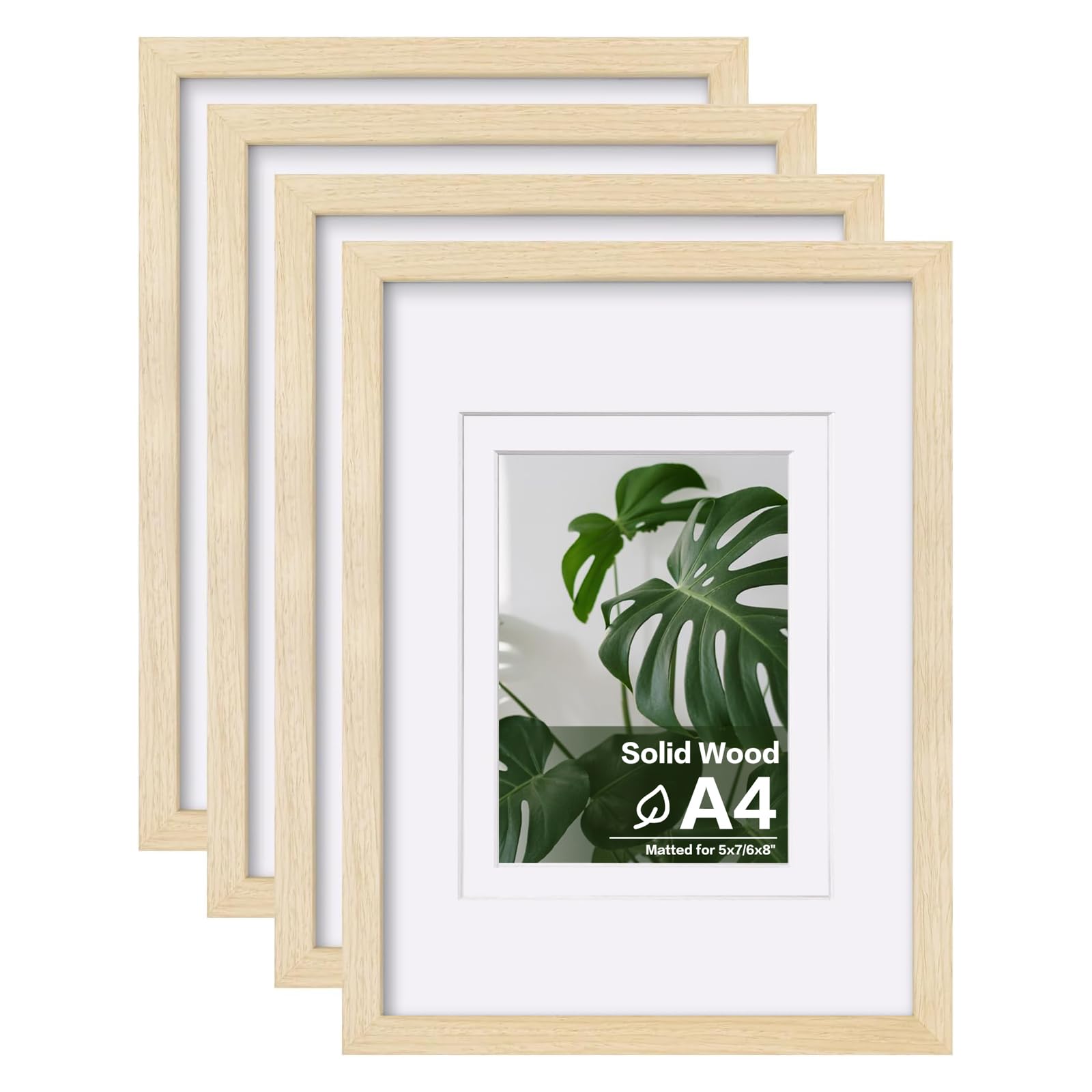 Egofine A4 Picture Frames Set of 4, Made of Solid Wood Covered by Plexiglass 5x7 and 6x8 with Mat or A4 without Mat, for Table Top Display and Wall Mounting Photo Frame Oak Wood Image