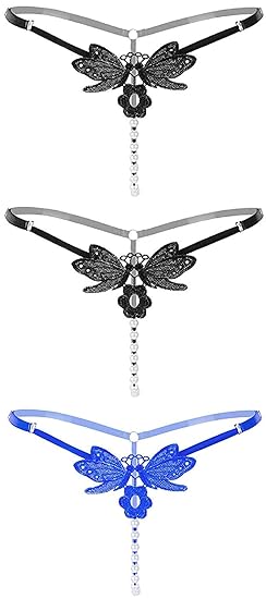 Damen String Perlenstring Schmetterling String Dessous mit Perlen (schwarz+blau) 3er Pack
