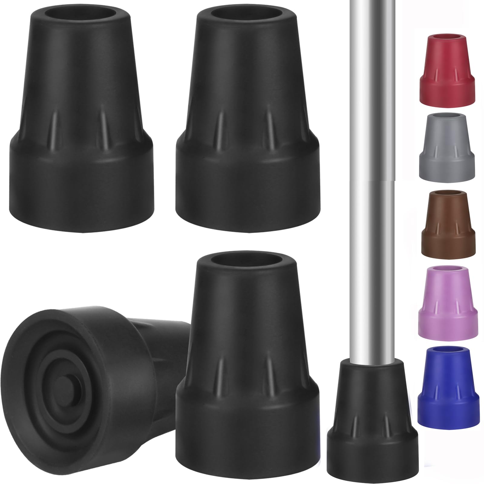 Crutch Tips Heavy Duty Replacement Rubber Cane,Hiking Walker Tips 3/4” Non-Slip All Terrain Caps Accessories for Canes, Rollator, Walkers, Universal Fit 4 PCS (Black)