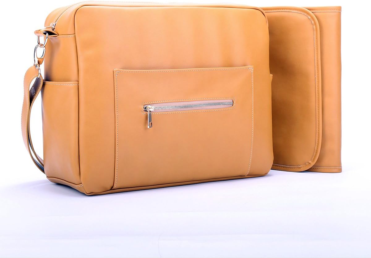 The Jemma Bag by Dubz Mommaz & Poppaz- Vegan Faux Leather Diaper Bag Backpack w/Changing pad- Gender Neutral Camel Brown- Removeable Shoulder Strap Doubles as Stroller strap-10 Pockets-Waterproof