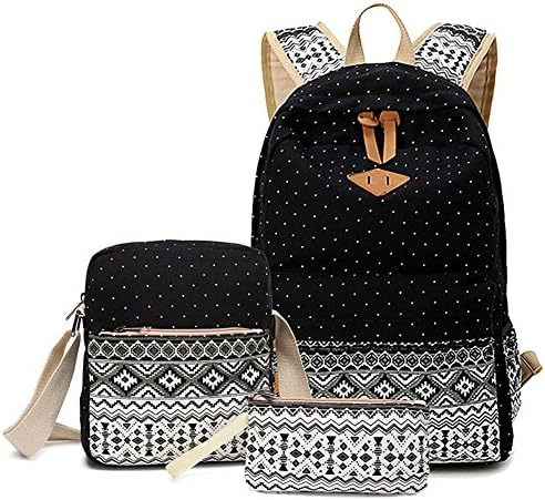 Canvas Casual Backpack Fashion Lightweight School Bags Set for Teen Young Girls (black#7)
