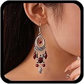 Andelaisi Boho Red Beads Chandelier Dangle Earrings Vintage Tribal Oval Drop Earring Silver Hollow Oval Beaded Earrings Long Tassel Leaf Hook Earring Jewelry for Women