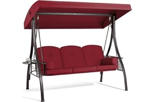 HOMREST 3 Seat Outdoor Porch Swing,Adjustable Canopy Porch Swings,Outdoor Swing with Stand, Patio Glider Chair with Thicken Cushions,Pillow & Cup Holder(Wine Red)