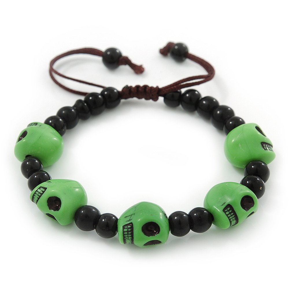 Avalaya Green Acrylic Skull Bead Children/Girls/Petites Teen Friendship Bracelet On Black String - (13cm to 16cm) Adjustable