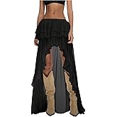 OYOANGLE Women's Boho Layered Ruffle Chiffon Maxi Skirt Y2K Elastic Cowgirl Western Asymmetrical Skirts
