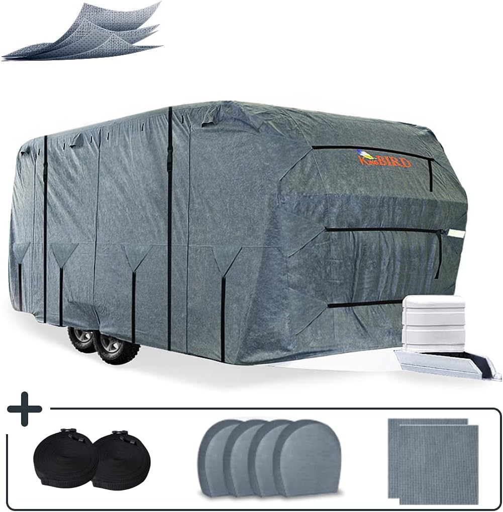 KING BIRD Extra-Thick 4 Layers Travel Trailer RV Cover Anti-UV Top Panel, Durable Camper Cover, Fits 30'-33' Motorhome -Breathable, Water-Proof, Rip-Stop with 2Pcs Extra Straps & 4 Tire Covers: Automotive