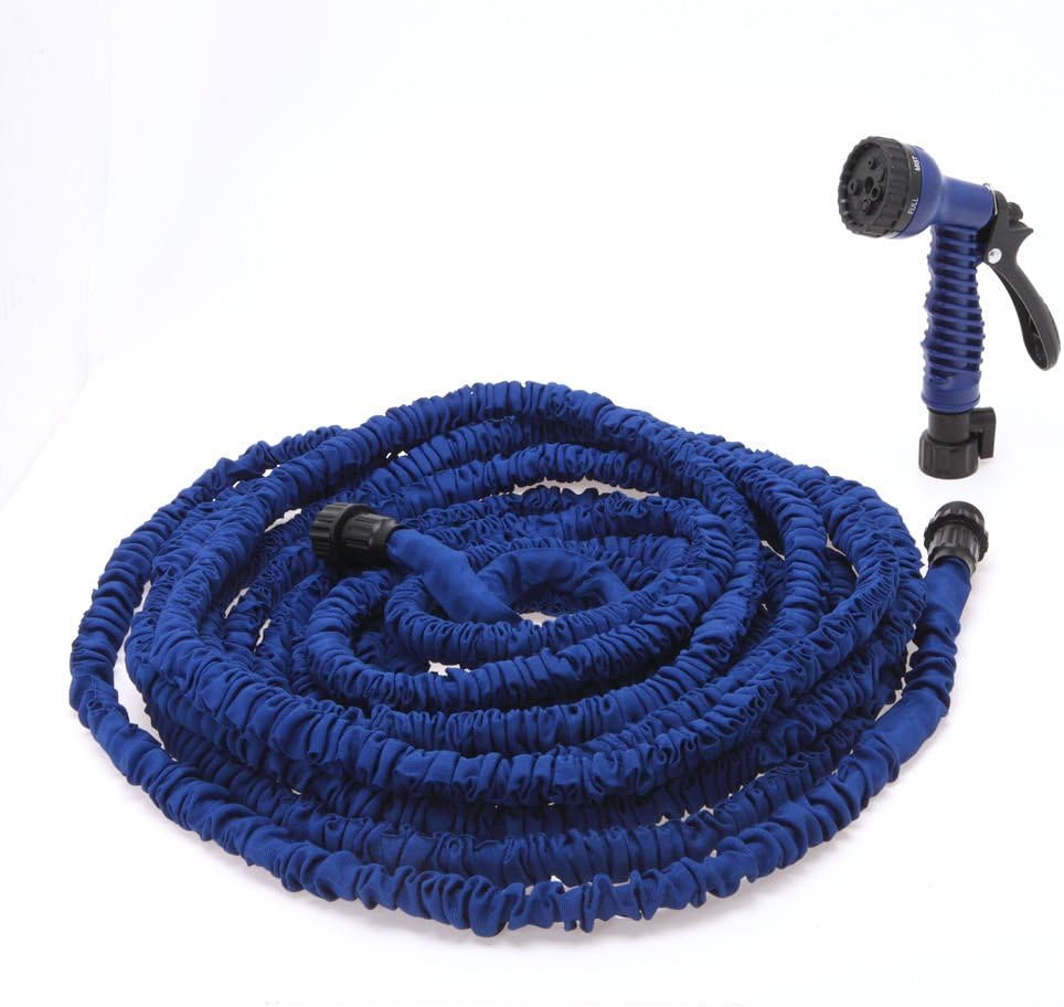 Blue 100FT Flexible Garden Water Hose With Spray Nozzle Head Expandable Deluxe Expanding Latex
