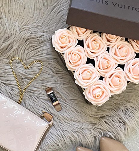 Lmeison Artificial Flower Rose 50pcs Real Looking Artificial Roses w/Stem for Bridal Wedding Bouquets Centerpieces Baby Shower DIY Party Home Décor,Champagne - Thumbnail 5