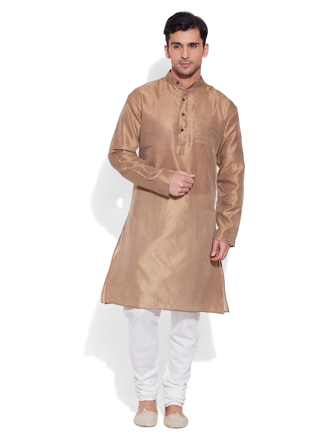 very me men's designer beige faux silk textured long kurta
