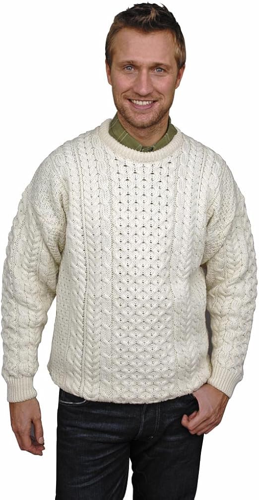 100 Irish Merino Wool Traditional Crew Neck Aran Sweater by Carraig