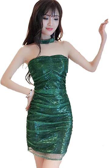 Amazon Kimberley ワンピース ミニ M 緑 チョーカー ラメ ベアトップ タイト チューブトップ ボディコン セクシー エロかわ ダンス ワンピース チュニック 通販