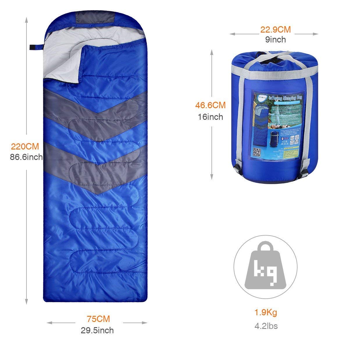 isYoung Sleeping Bag - Envelope Lightweight Portable, Waterproof, Comfort with Compression Sack - Great for 4 Season Traveling, Camping, Hiking, Outdoor Activities (Blue Sleeping Bag)