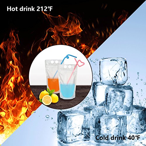 100 Pcs Zipper Plastic Pouches Drink Bags,Heavy Duty Hand-Held Translucent Frosted Reclosable Stand-up Bag 2.4" Bottom Gusset with 100pcs Straws & Funnel Included